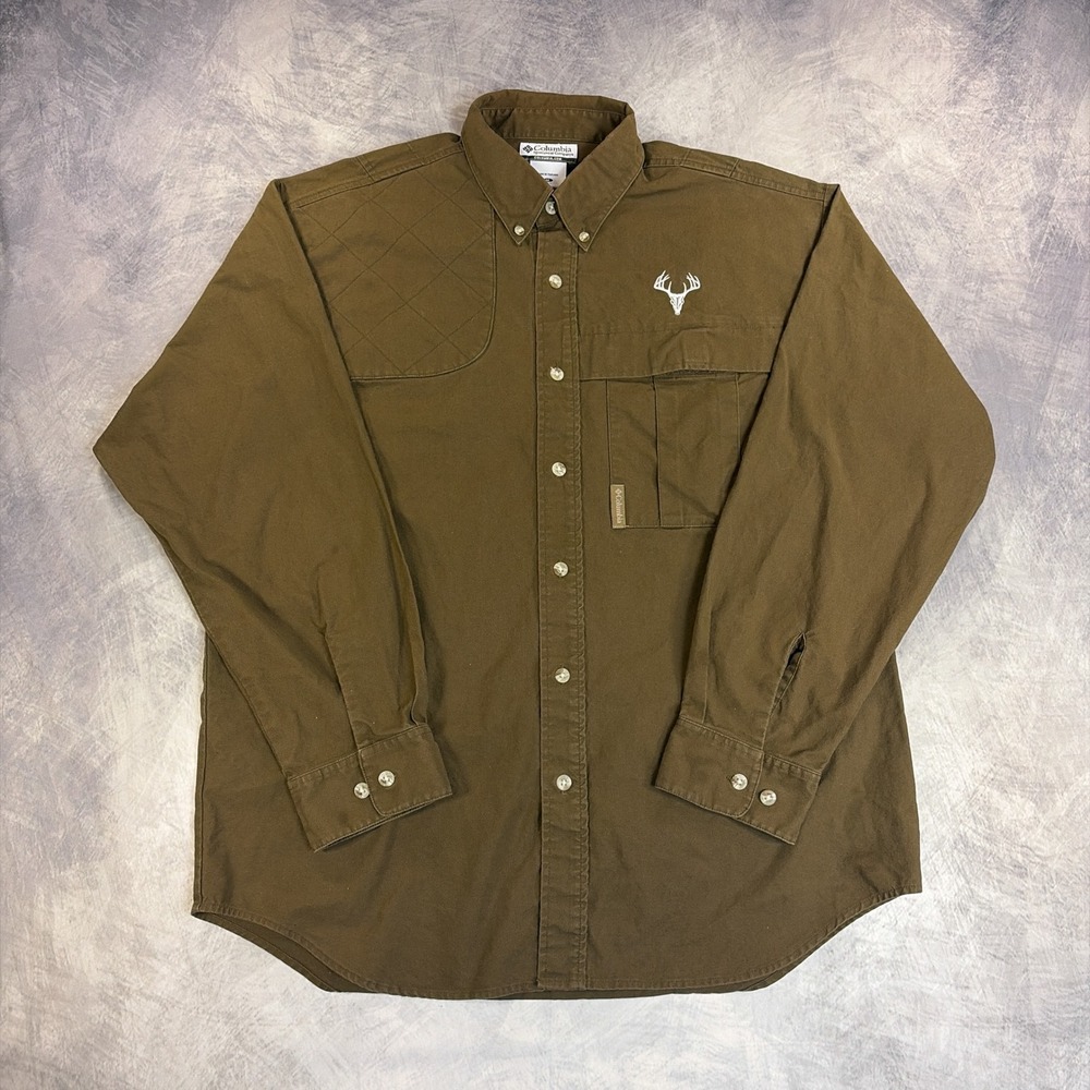 Columbia Hunting Shirt Mens Medium Brown Quilted Shooting Patch Deer Skull Logo